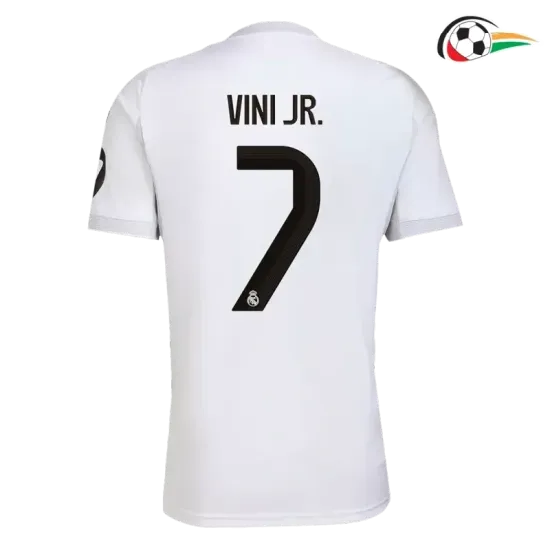 Camisa VINI JR. 7 Real Madrid Futebol Primeiro Kit 2025/26 Branco Camisa VINI JR. 7 Real Madrid Futebol Primeiro Kit 2025/26 Branco