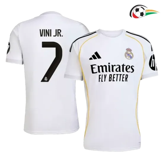 Camisa VINI JR. 7 Real Madrid Futebol Primeiro Kit 2025/26 Branco Camisa VINI JR. 7 Real Madrid Futebol Primeiro Kit 2025/26 Branco