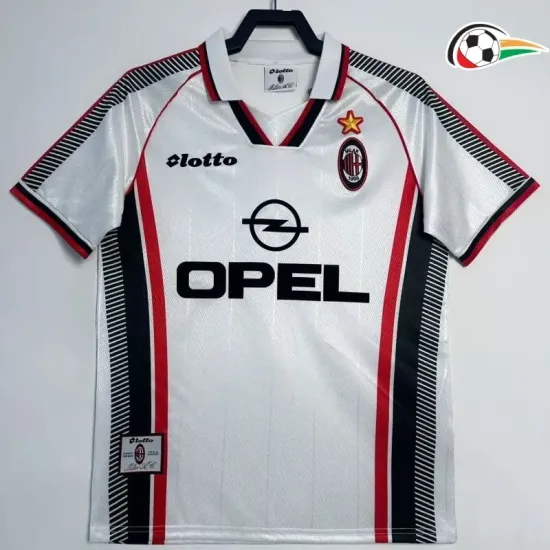 Camisa AC Milan Baratas Visitante Edição Especial 1997/98 Retro Branco Camisa AC Milan Baratas Visitante Edição Especial 1997/98 Retro Branco