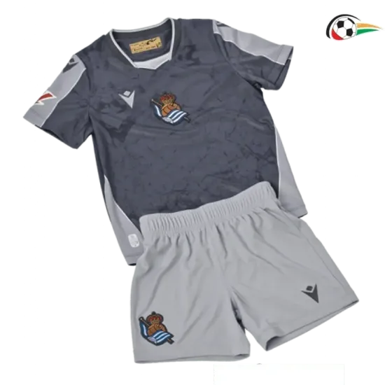 Camisola Real Sociedad Qualidade Premium Away Segundo Kit 2025/26 Infantil com Patch da La Liga Azul/Cinza