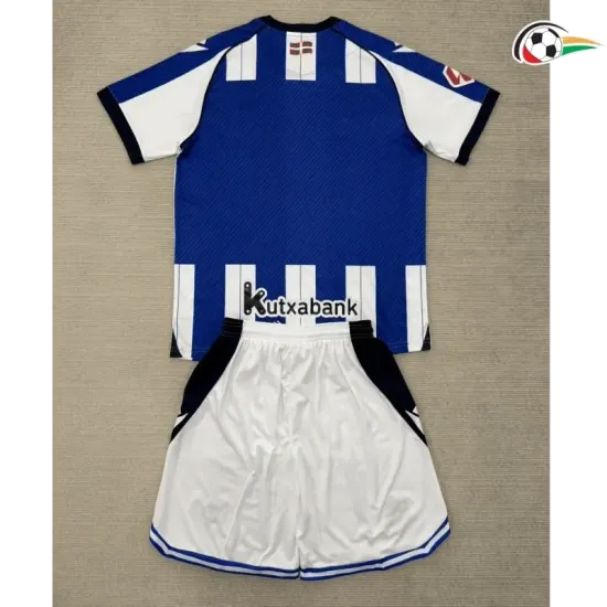 Real Sociedad Camiseta Qualidade TAILANDESA Local Primeiro Kit 2025/26 Niños com Patch da La Liga Azul/Branco