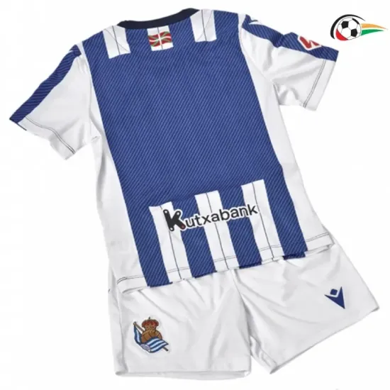 Real Sociedad Camiseta Qualidade TAILANDESA Local Primeiro Kit 2025/26 Niños com Patch da La Liga Azul/Branco