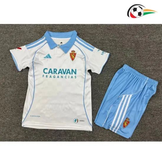Camisa Real Zaragoza Titular 2025/26 Infantil com Patch da La Liga Branco/Azul