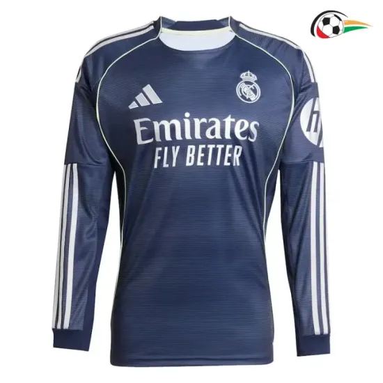Camisa Reserva Real Madrid 2025/2026 Azul Marinho com Patch HP Manga Longa
