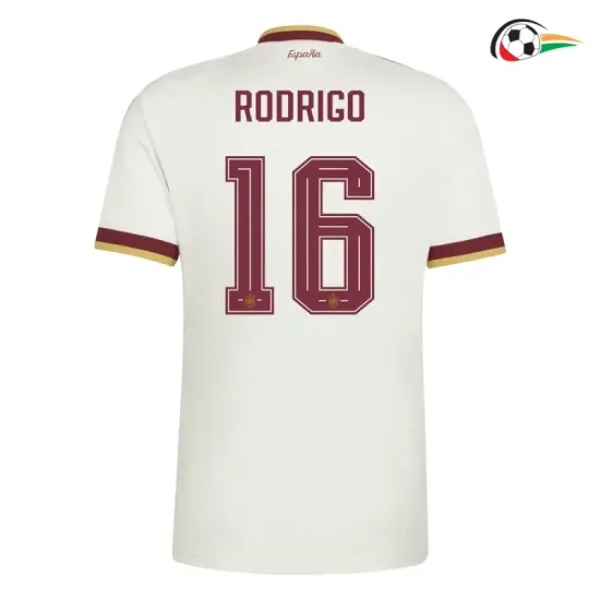 Camisa Reserva Rodrigo 16 España Copa do Mundo 2026 Branco/Vermelho