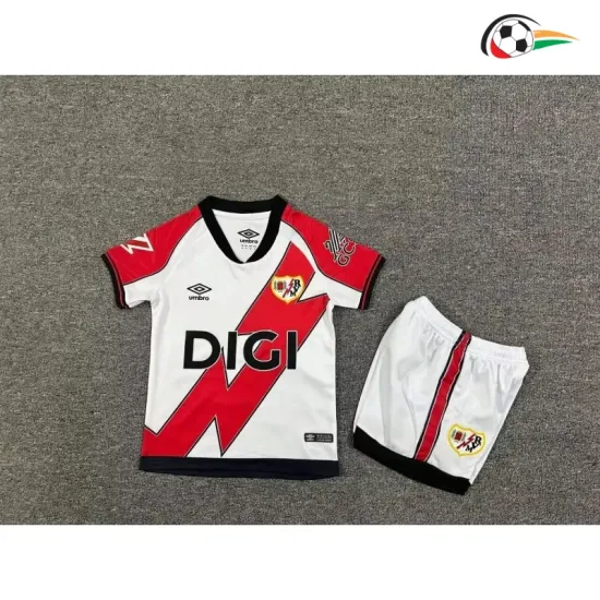 Camisa Rayo Vallecano Titular 2025/26 Infantil com Patch da La Liga Branco/Vermelho