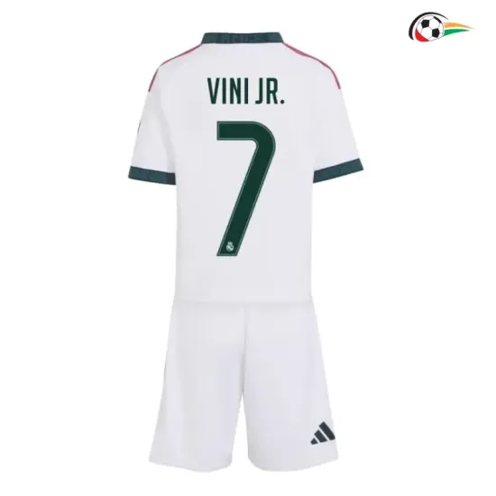 Camisa Titular Infantil VINI JR. 7 Real Madrid 2026/2027 Branco com Patch HP