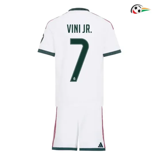 Camisa Titular Infantil VINI JR. 7 Real Madrid 2026/2027 Branco com Patch HP