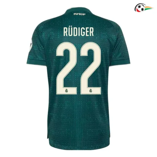 Camisa Reserva RUDIGER 22 Real Madrid 2026/2027 Verde Escuro com Patch HP