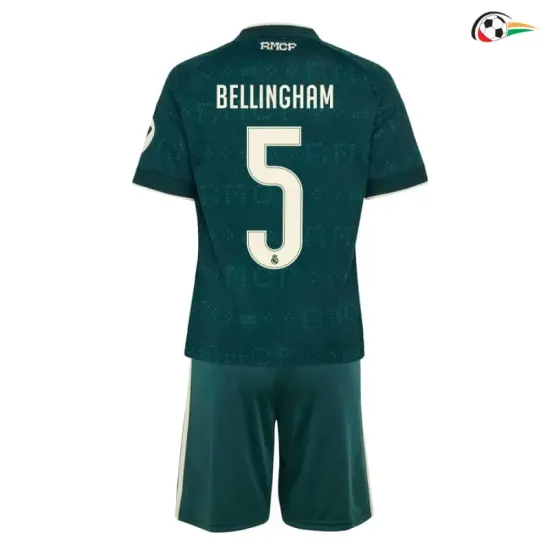 Camisa Reserva Infantil BELLINGHAM 5 Real Madrid 2026/2027 Verde Escuro com Patch HP