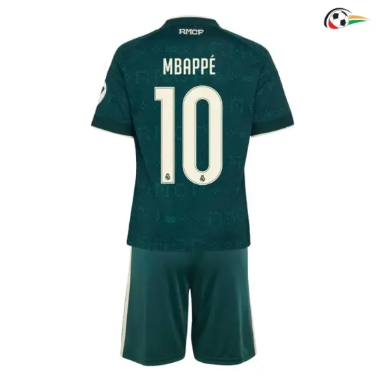 Camisa Reserva Infantil MBAPPÉ 10 Real Madrid 2026/2027 Verde Escuro com Patch HP