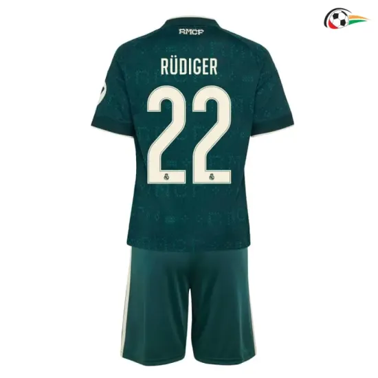 Camisa Reserva Infantil RUDIGER 22 Real Madrid 2026/2027 Verde Escuro com Patch HP