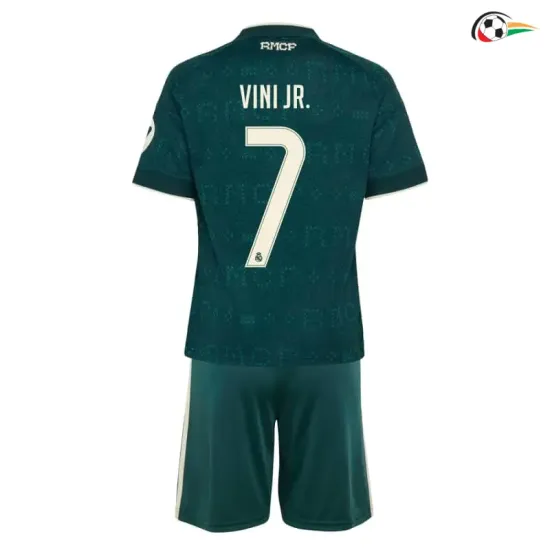 Camisa Reserva Infantil VINI JR. 7 Real Madrid 2026/2027 Verde Escuro com Patch HP