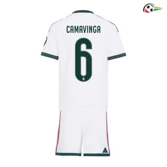 Camisa Titular Infantil CAMAVINGA 6 Real Madrid 2026/2027 Branco com Patch HP
