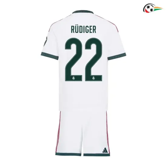 Camisa Titular Infantil RUDIGER 22 Real Madrid 2026/2027 Branco com Patch HP