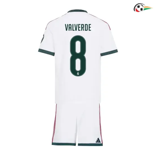 Camisa Titular Infantil VVALVERDE 8 Real Madrid 2026/2027 Branco com Patch HP