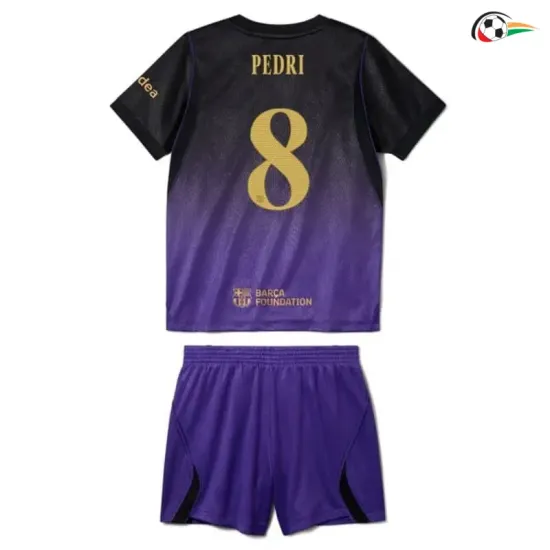 Camisa Reserva Infantil PEDRI 8 Barcelona 2026/2027 Preto/Roxo UCL