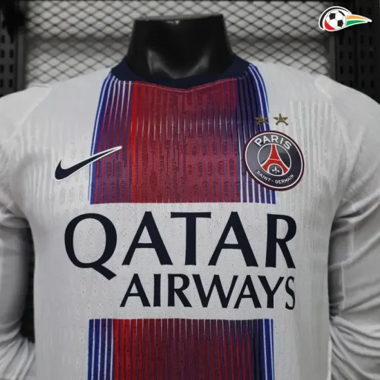 Camisa Reserva Versão Jogador PSG 2026/2027 Branco Manga Longa com Duas Estrelas