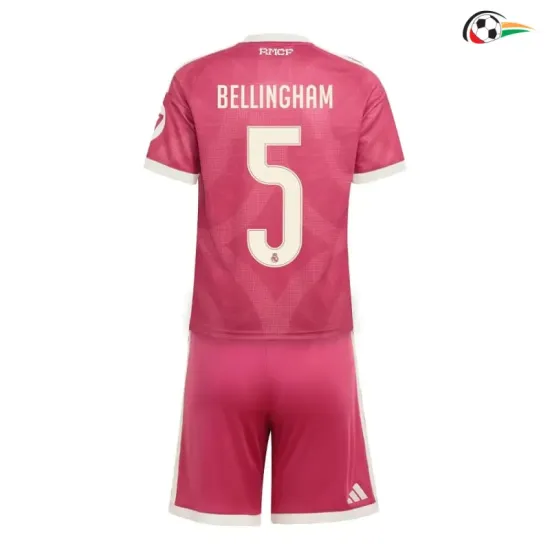 Camisa Alternativa Infantil BELLINGHAM 5 Real Madrid 2026/2027 Rosa com Patch HP