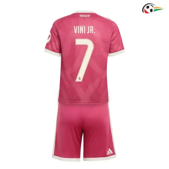 Camisa Alternativa Infantil VINI JR. 7 Real Madrid 2026/2027 Rosa com Patch HP