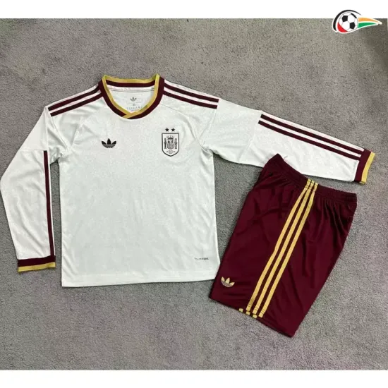 Camisa Reserva Infantil España Copa do Mundo 2026 Branco Manga Longa Duas Estrelas