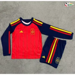 Camisa Titular Infantil España Copa do Mundo 2026 Vermelho/Azul Manga Longa Duas Estrelas