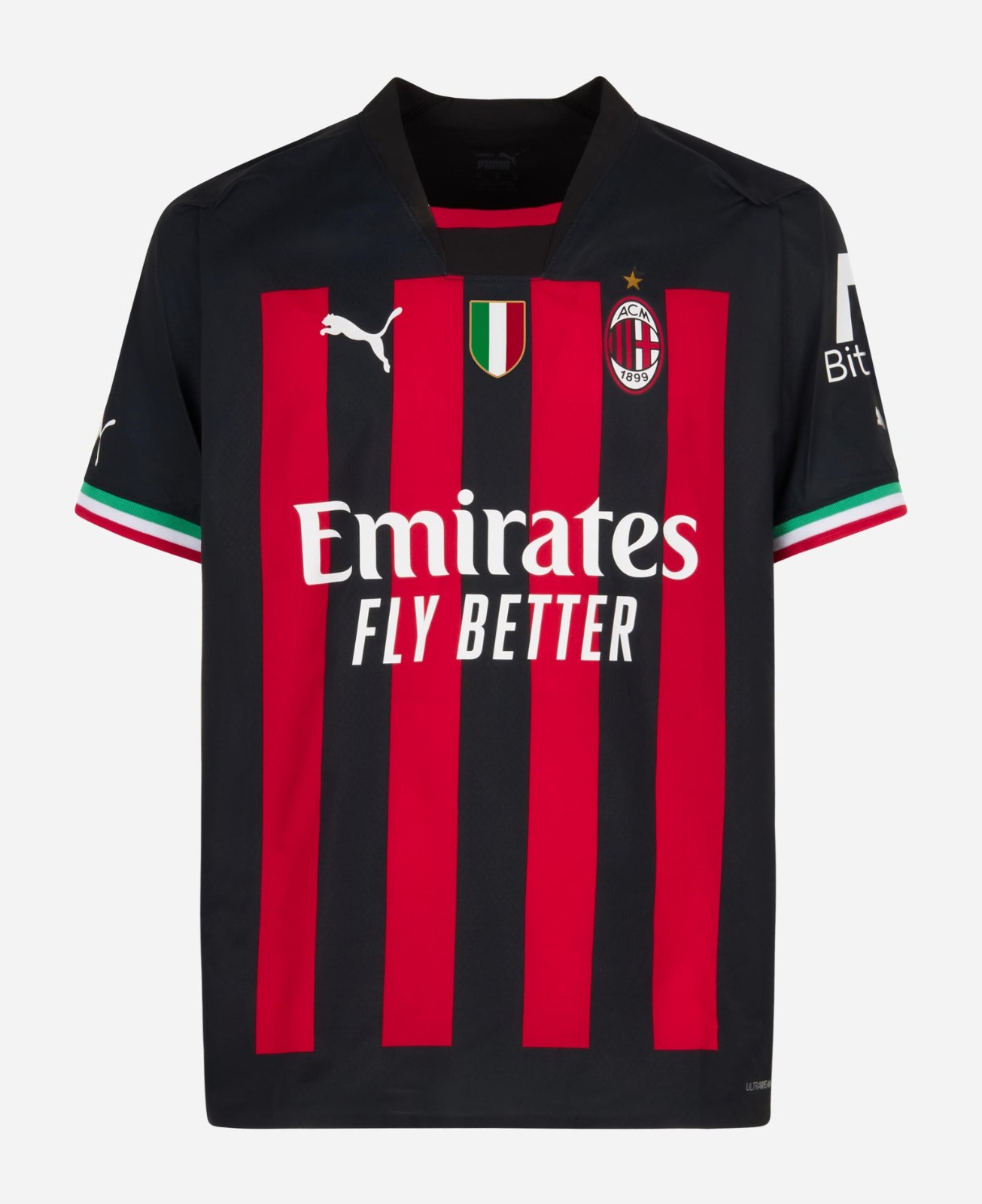 AC Milan camisa preta 2022/23 com faixas vermelhas discretas