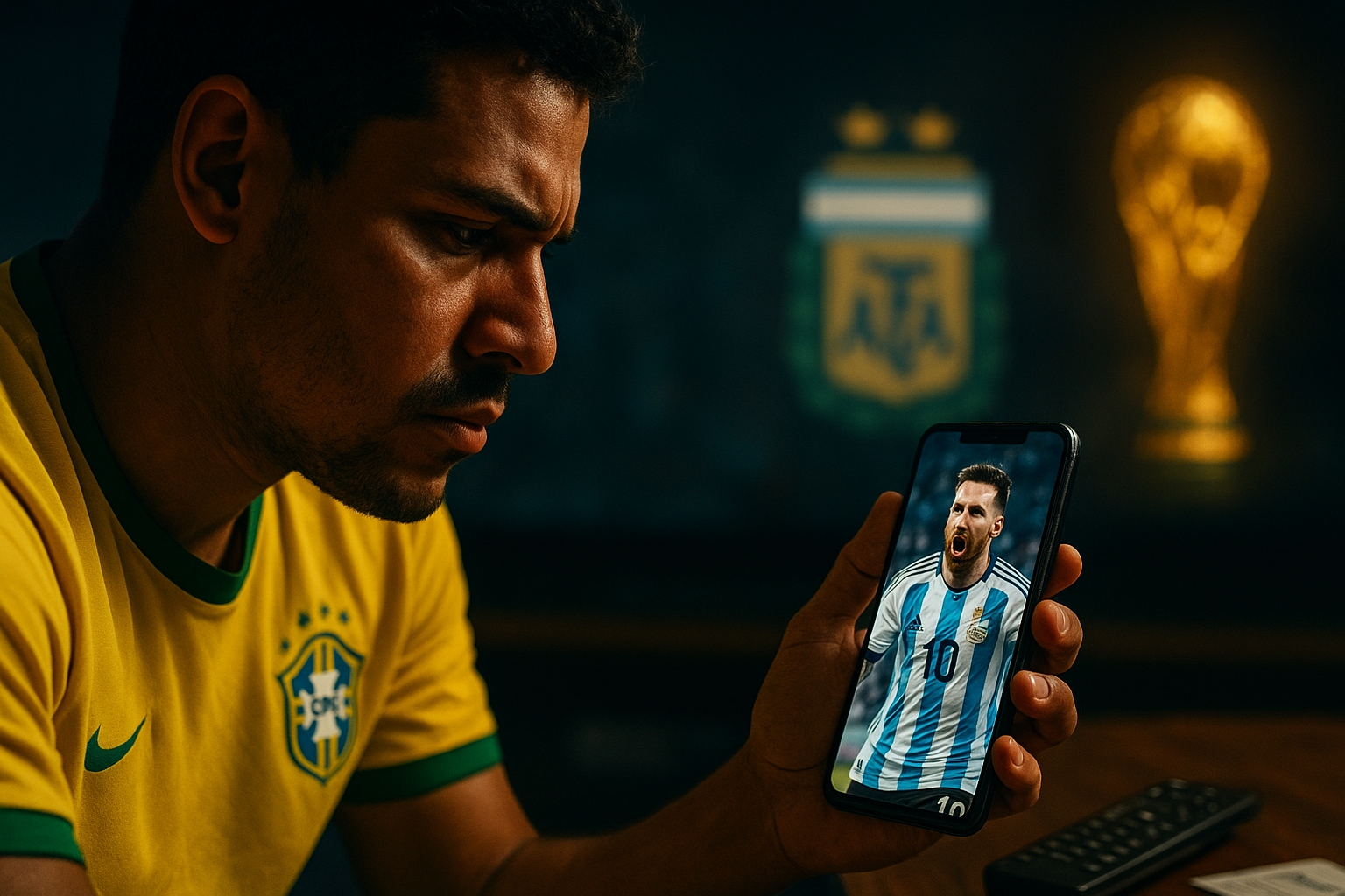 Guia completo da Argentina na Copa 2026: torcedor brasileiro analisa Lionel Messi e a seleção com a taça ao fundo.