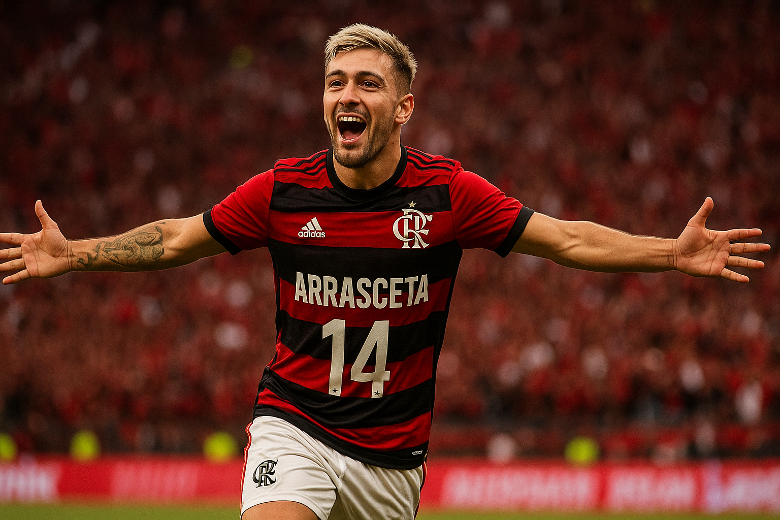 Arrascaeta, de camisa 14 do Flamengo, comemora um gol de braços abertos no gramado do Maracanã lotado.