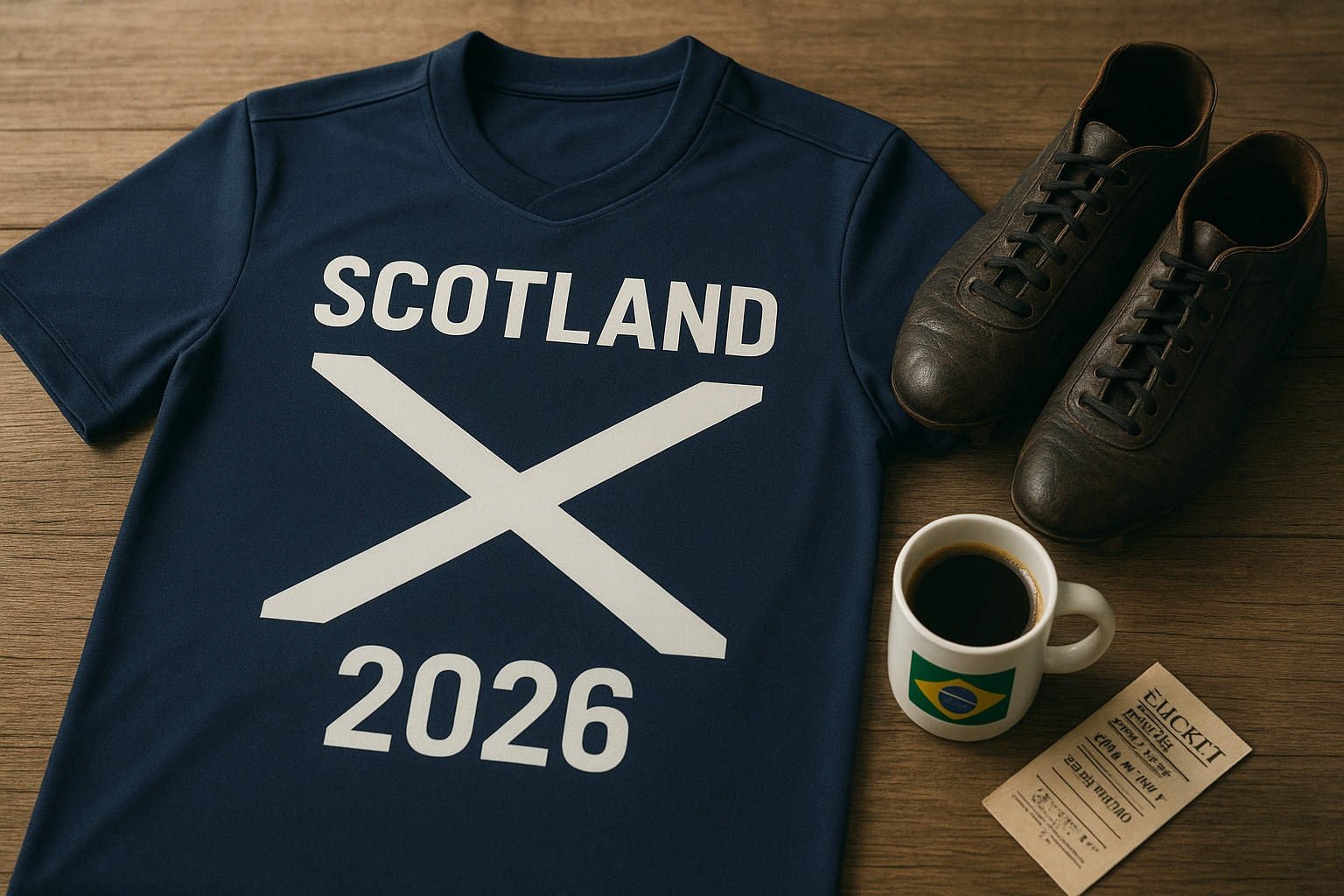Close-up da camisa da Escócia 2026 em azul marinho com a cruz branca, acompanhada de acessórios de futebol e um café, destacando seu uso no dia a dia e no colecionismo.
