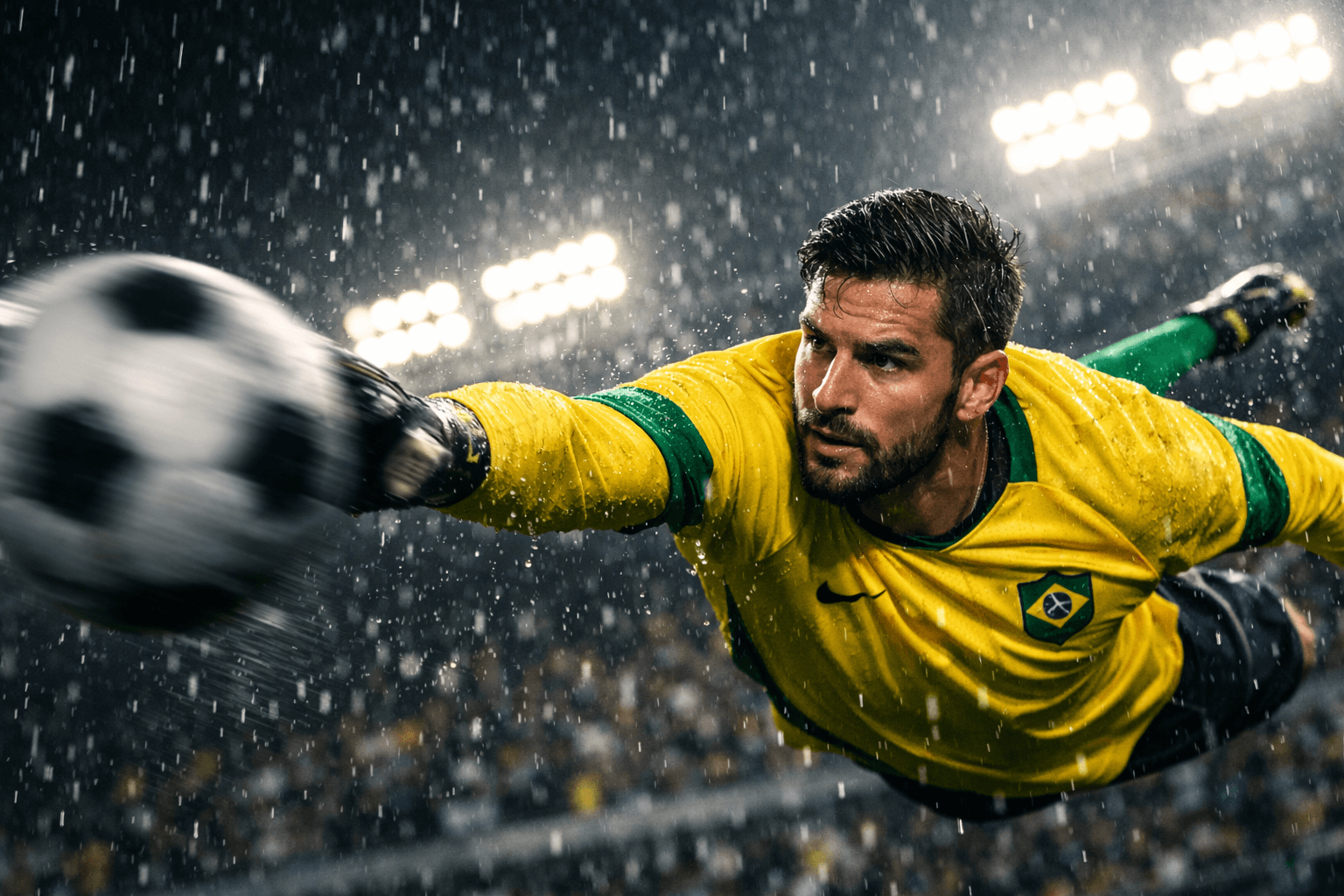 Camisa de goleiro brasileiro em defesa espetacular durante jogo de futebol