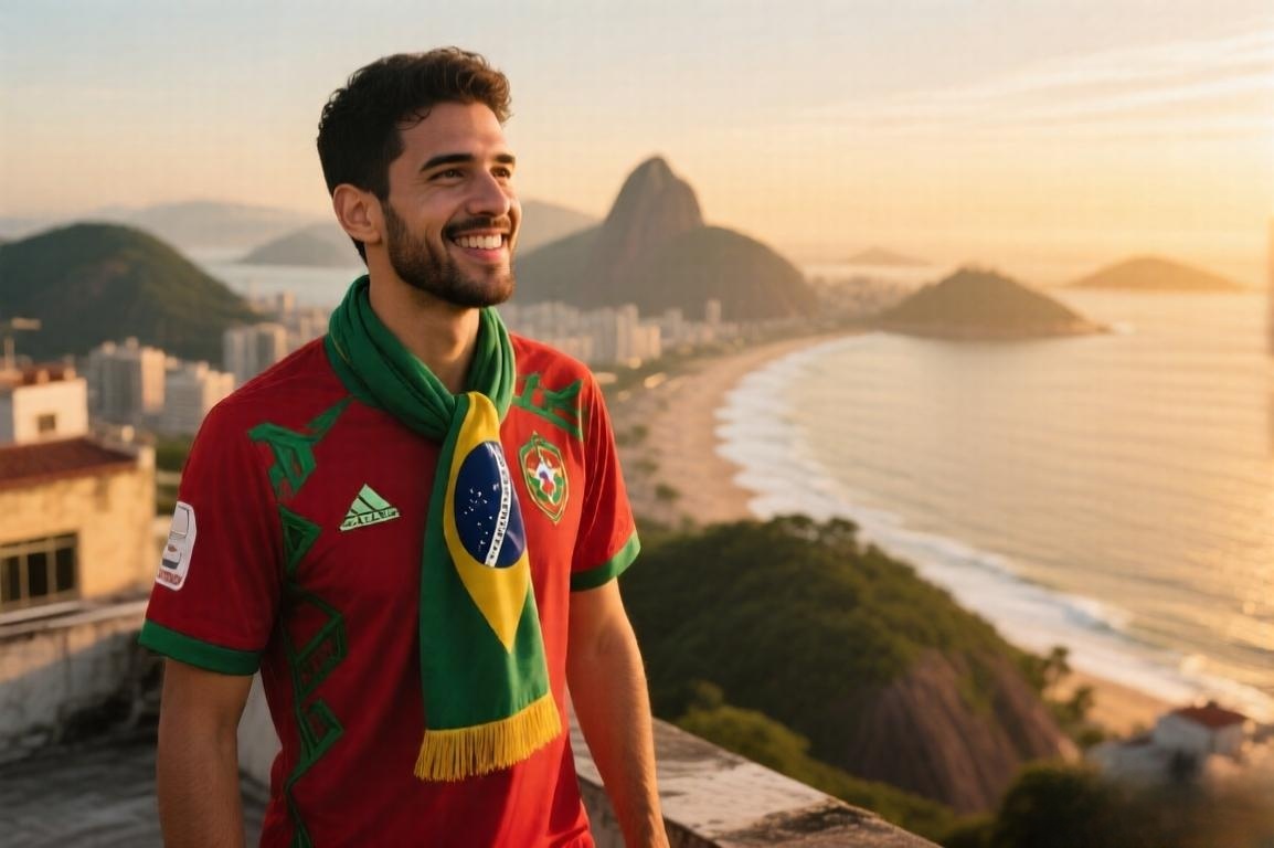 Camisa do Marrocos Copa 2026 usada por torcedor brasileiro no Rio de Janeiro