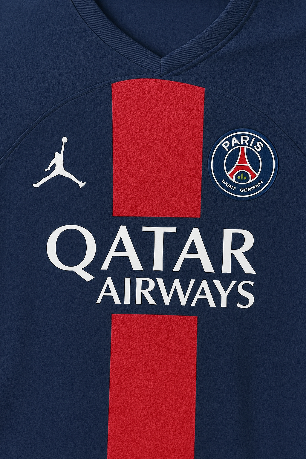 Detalhes do design da camisa PSG 2025/26, com textura e faixa central Detalhes do design da camisa PSG 2025/26, com textura e faixa central