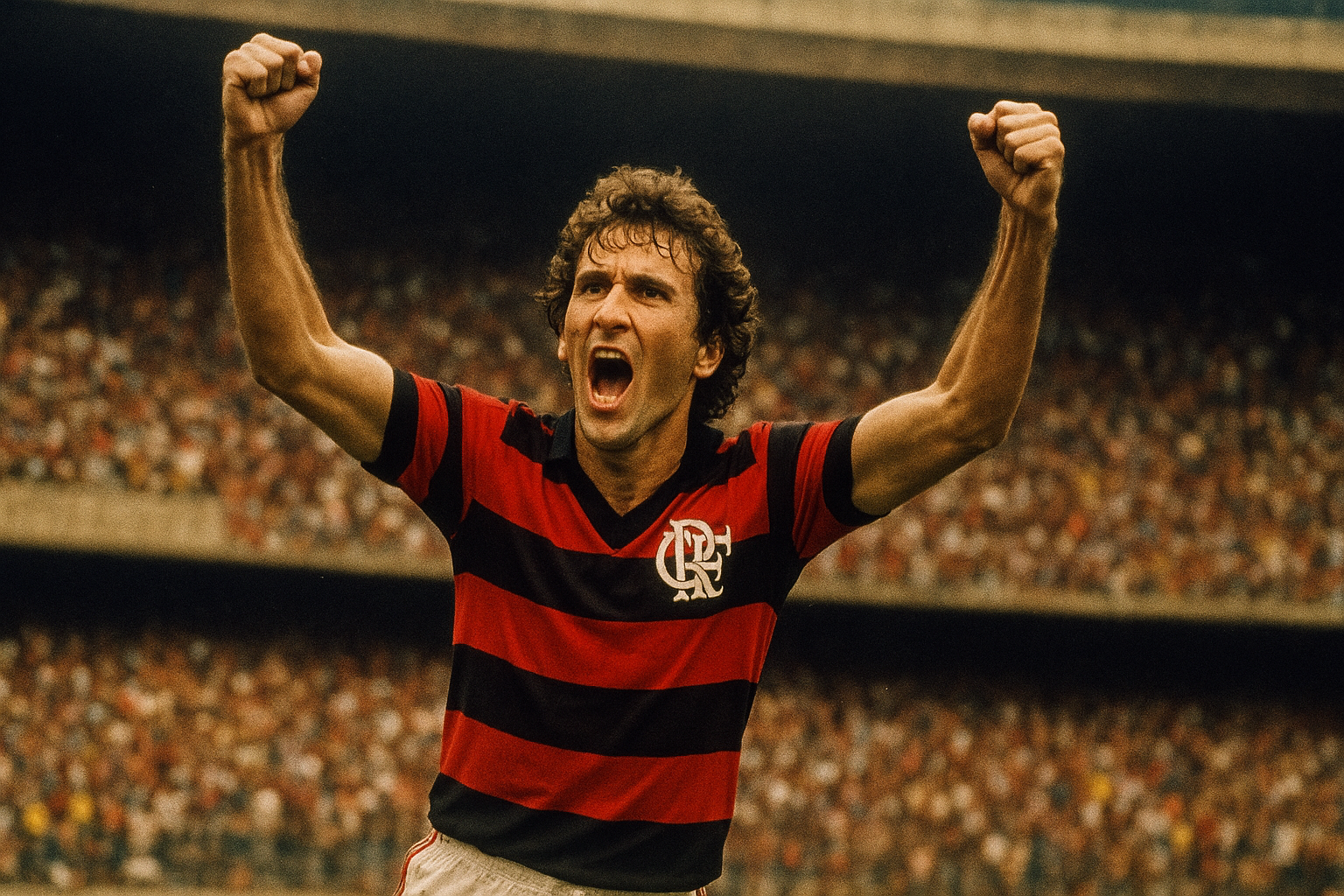 Detalhe em close da camisa retrô do Flamengo 1982 da Adidas, mostrando o tecido listrado, o escudo bordado e a gola em V.