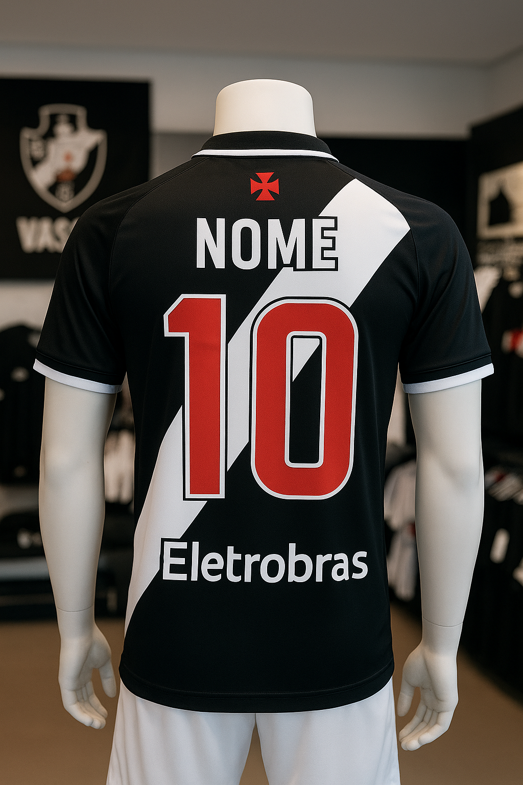 Detalhe close da personalização com nome e número em uma camisa do Vasco da Gama