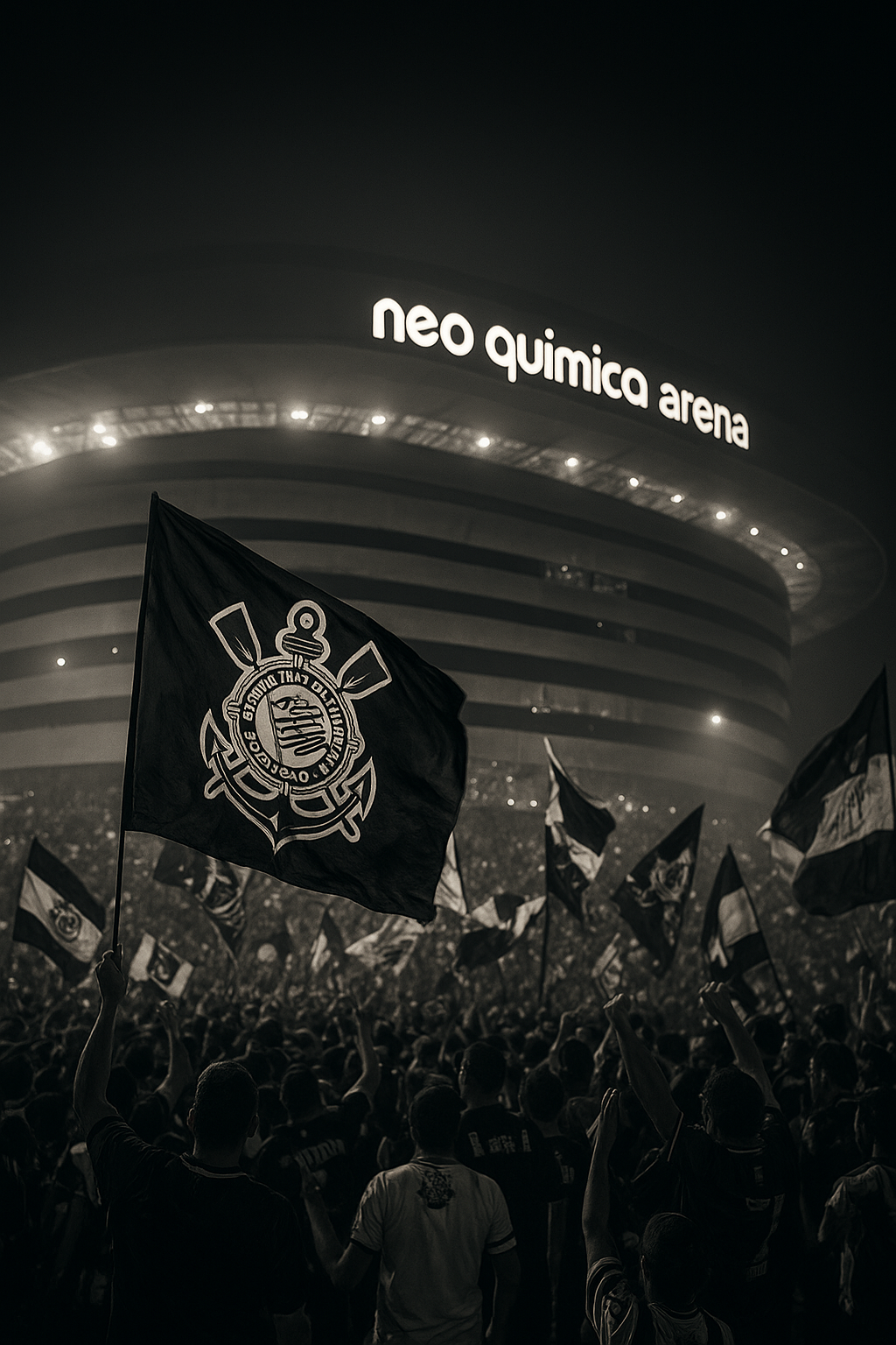 Arena Corinthians iluminada com torcida vestindo preto e branco