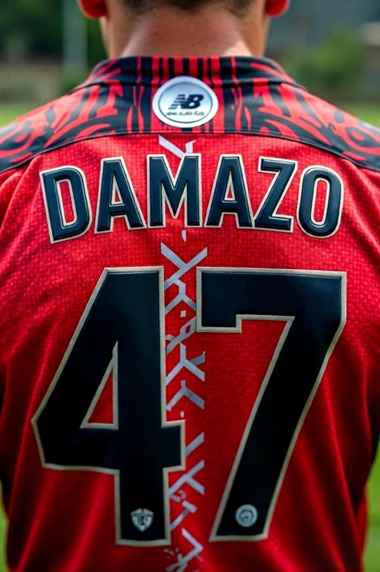 Detalhe da personalização do camisa 47 Damazo na camisa oficial do São Paulo 2025