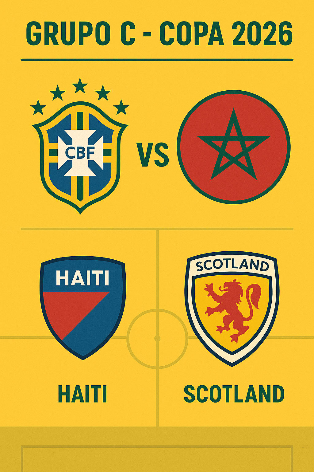 Infográfico do Grupo C da Copa 2026 mostrando os emblemas do Brasil, Marrocos, Haiti e Escócia. Análise dos adversários da Seleção Brasileira na primeira fase.