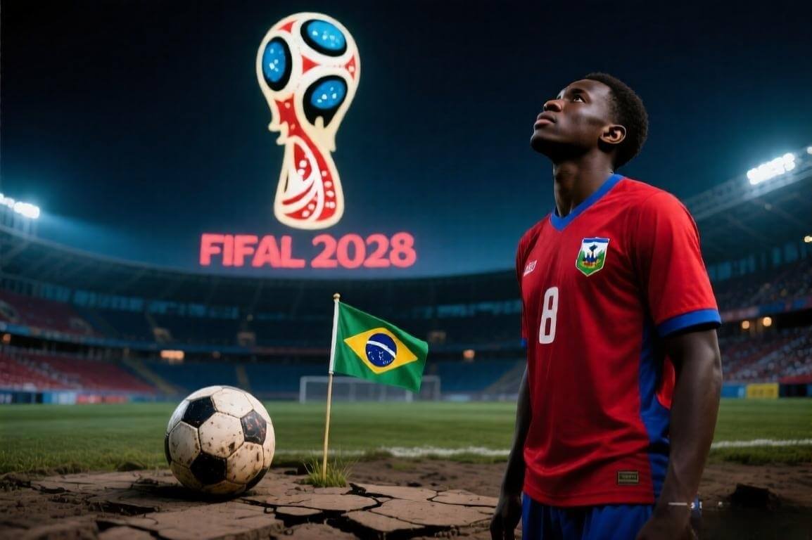 Jogador do Haiti olha para o logo da Copa 2026 no céu, simbolizando a volta épica após 52 anos. Cena cinematográfica que antecipa o jogo contra o Brasil.
