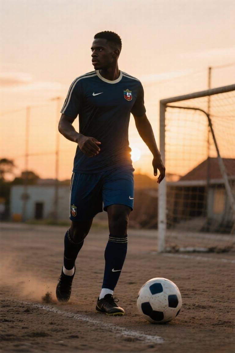 Jogador haitiano treina em campo simples enquanto técnico acompanha remotamente, retratando a preparação difícil e a superação para a Copa do Mundo.