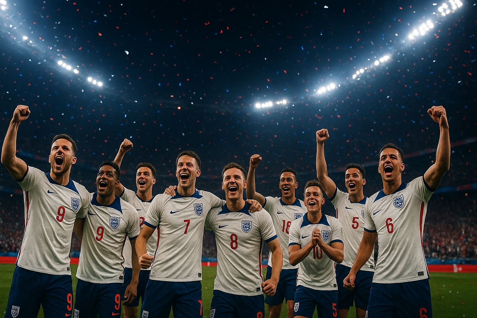 Seleção da Inglaterra comemorando sob luzes do estádio da Copa 2026
