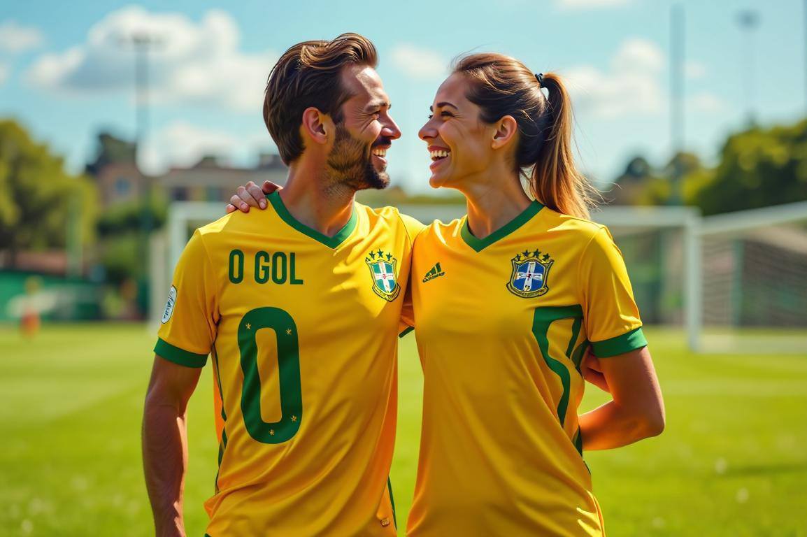 Casal brasileiro feliz usando camisas de futebol personalizadas com os nomes O Gol e A Comemoração em um campo de futebol ensolarado