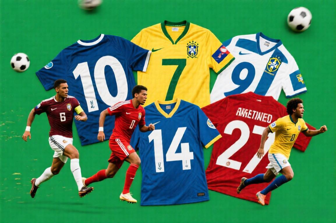 Coleção de números de camisa de jogadores famosos do futebol incluindo 10, 7, 9, 14 e 27
