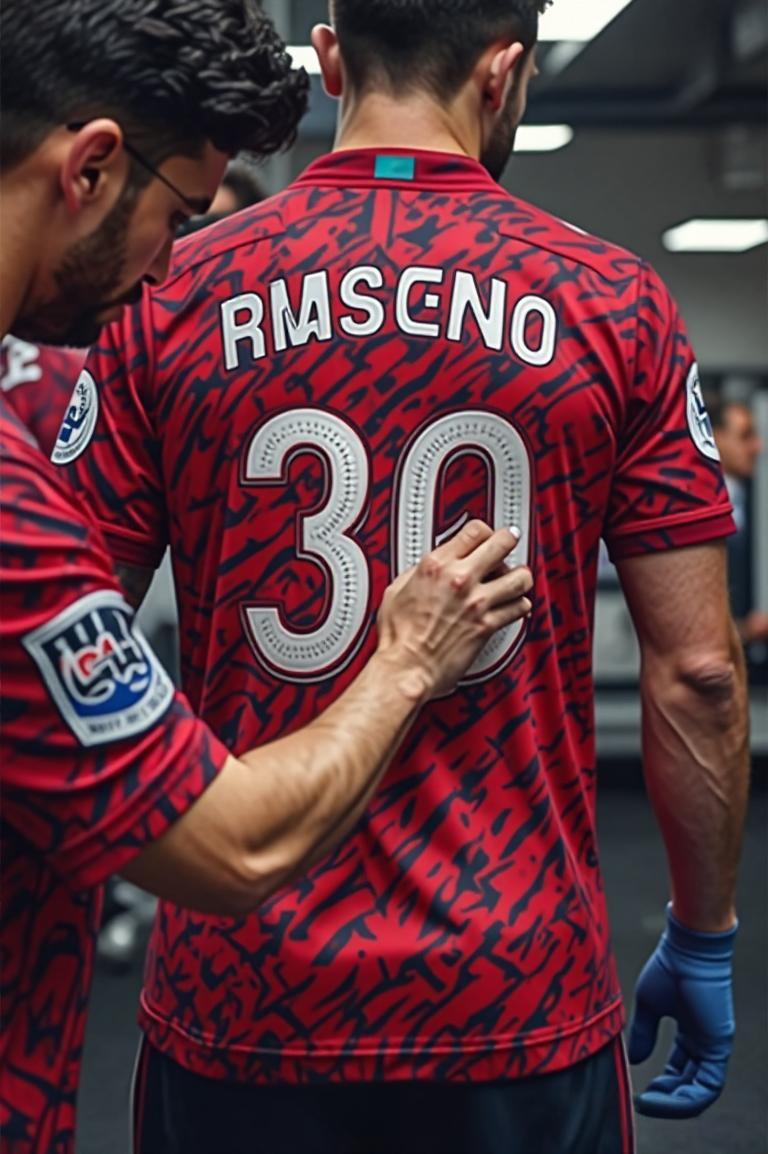 Processo detalhado de personalização de camisa do Flamengo com aplicação de números e letras personalizadas