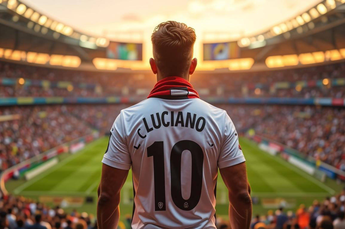 Torcedor do São Paulo exibe camisa personalizada com nome Luciano e número 10 dentro do Morumbi ao entardecer.
