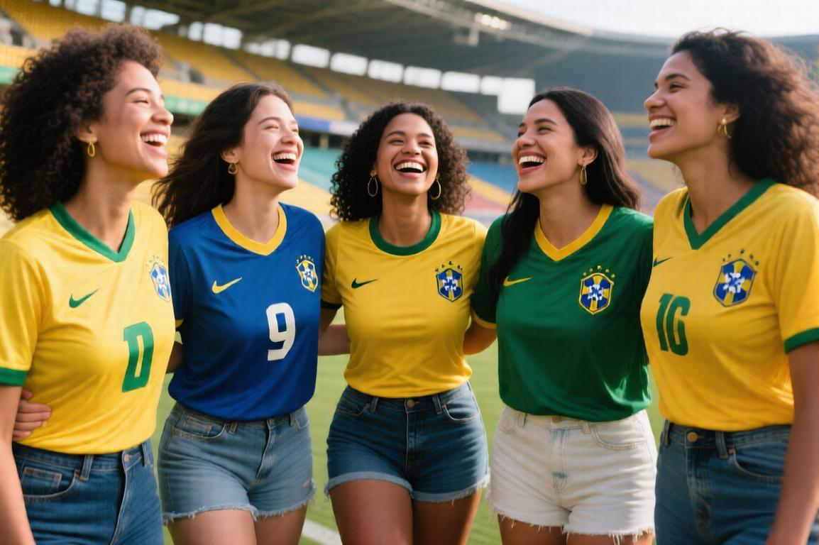 Grupo de mulheres brasileiras usando diferentes tipos de camisas de futebol femininas, mostrando variedade de estilos e corpos