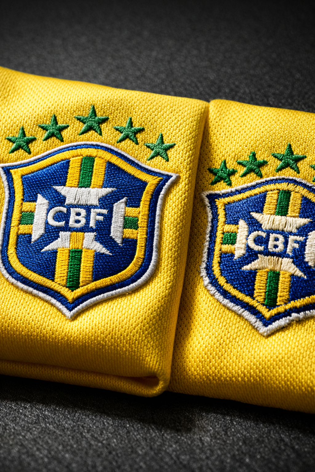 Detalhe em macro do bordado do escudo da CBF na camisa do Brasil 2026: comparação entre a qualidade do bordado da versão original (esquerda) e da tailandesa (direita), mostrando diferença nos fios e acabamento das bordas